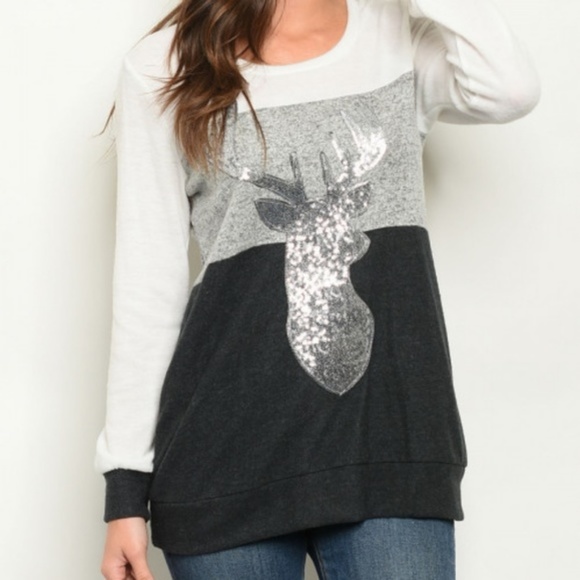 Silver Sequined Holiday Christmas Reindeer Sweater - Picture 1 of 2